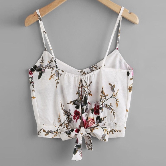 White & Pink Floral Tie Waist Sleeveless Crop Top - Picture 2 of 8